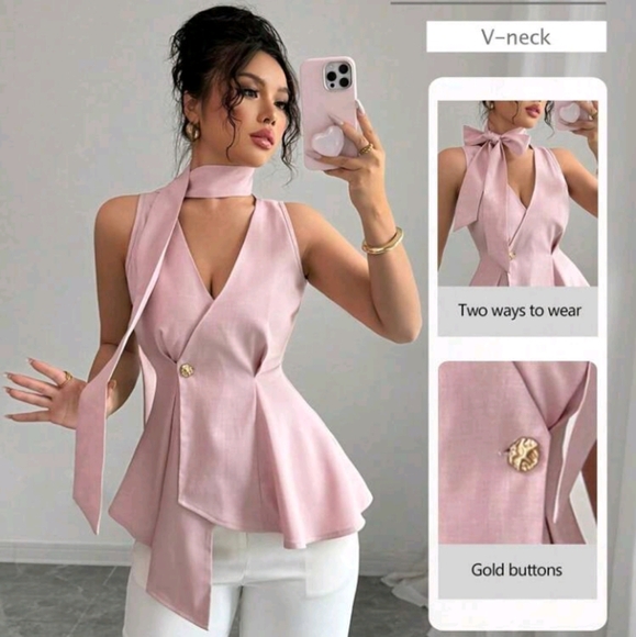 Women's V-Neck Sleeveless Button-Up Irregular Hem Detachable Tie Collar Blouse - Picture 1 of 6
